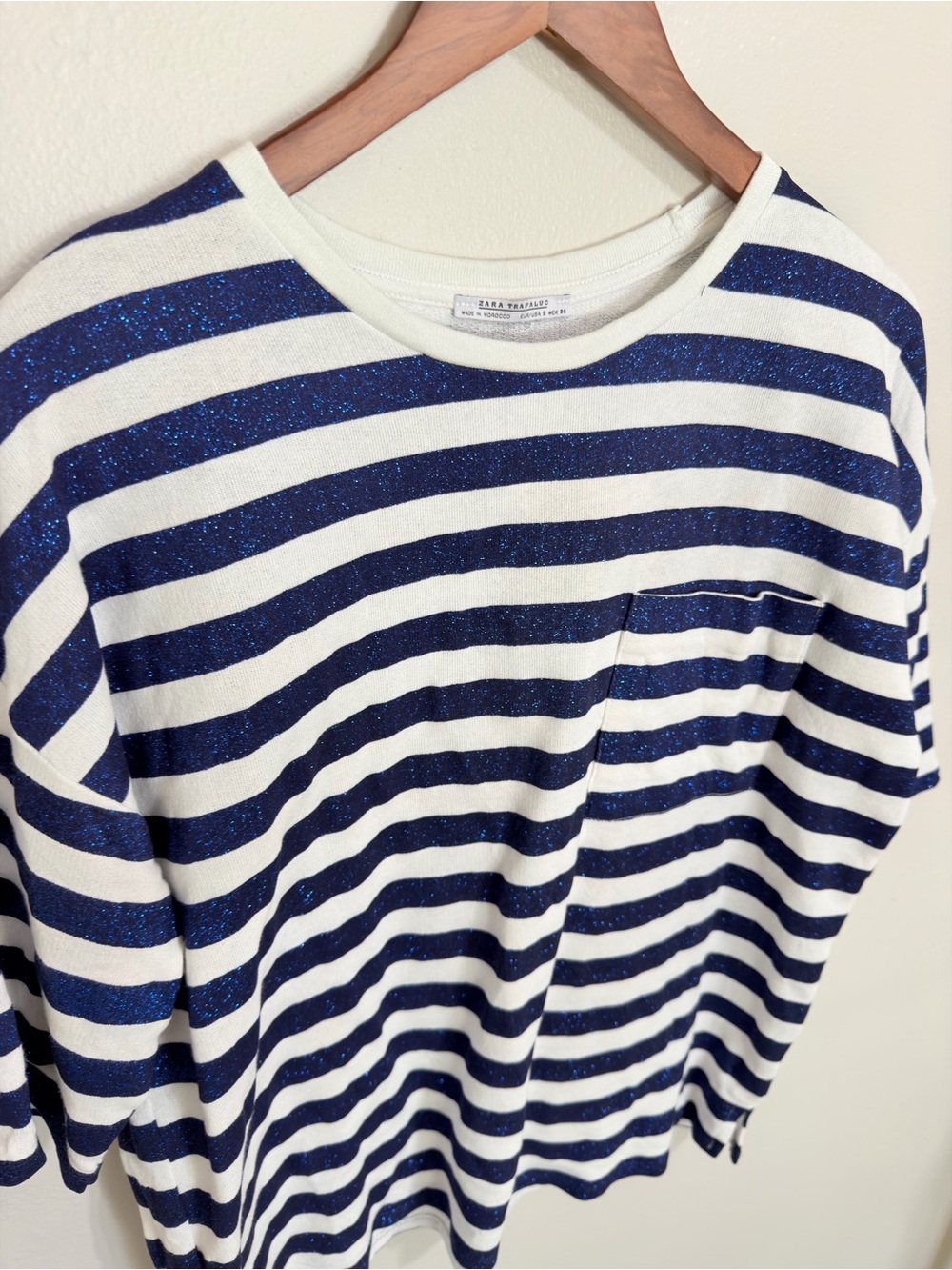 Zara Trafaluc Metallic Navy Blue & White Striped Oversized Pocket Tee - Picture 2 of 14